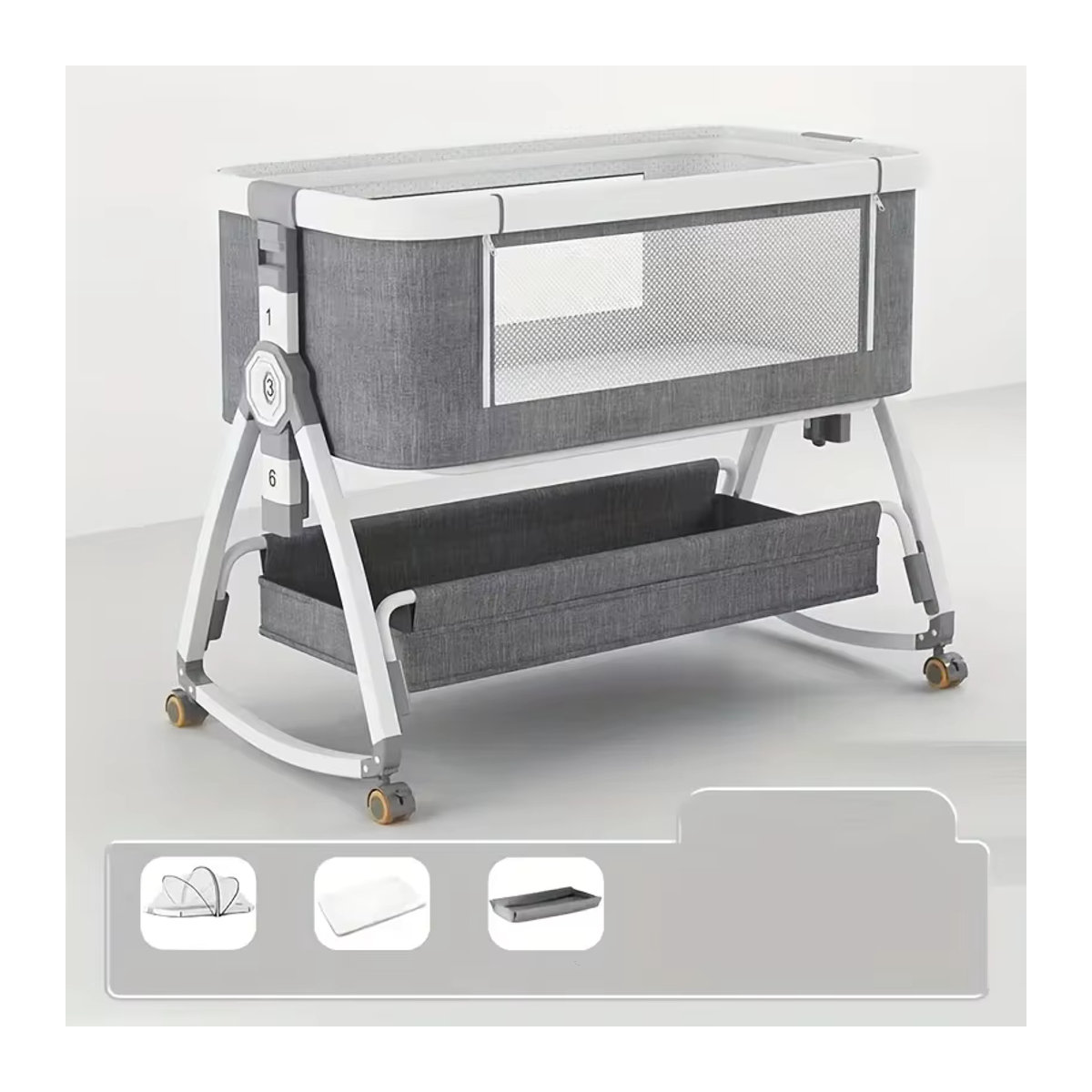 LIUSHADUOLA Babybett in Grau: Tragbares, faltbares und höhenverstellbares Wiegebett mit Schaukelfunktion aus Aluminium und Metall - Bild 4