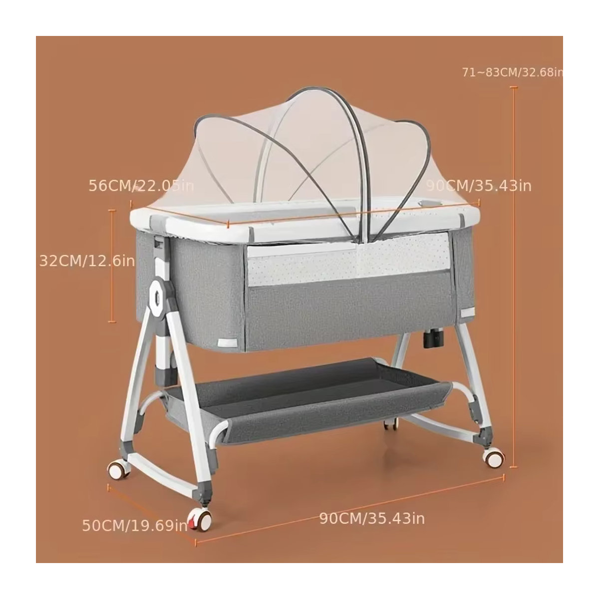 LIUSHADUOLA Babybett in Grau: Tragbares, faltbares und höhenverstellbares Wiegebett mit Schaukelfunktion aus Aluminium und Metall - Bild 5