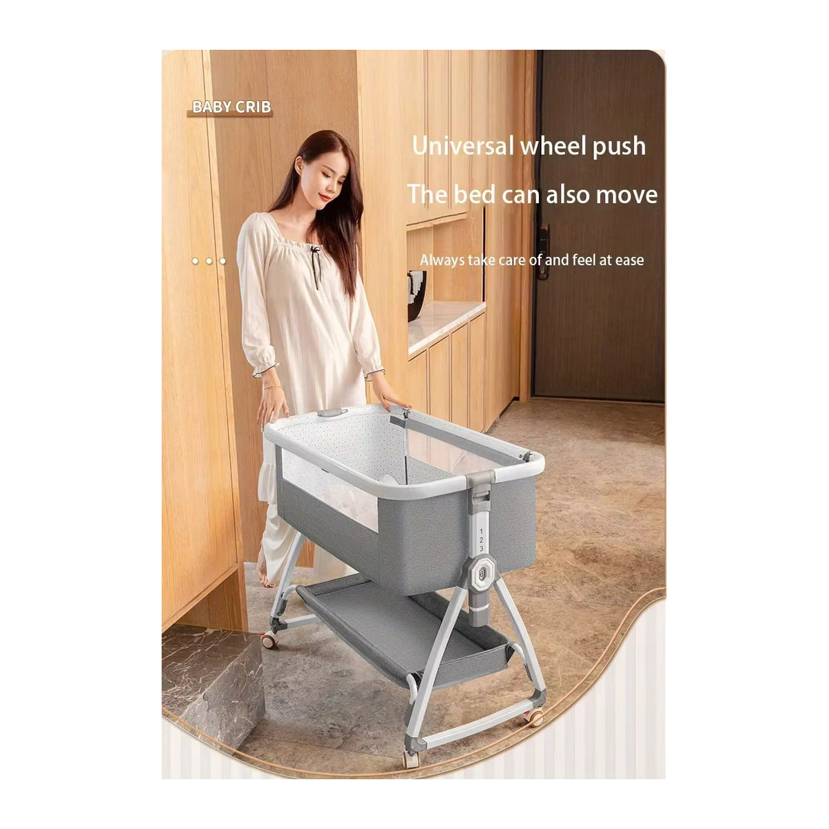 LIUSHADUOLA Babybett in Grau: Tragbares, faltbares und höhenverstellbares Wiegebett mit Schaukelfunktion aus Aluminium und Metall - Bild 6