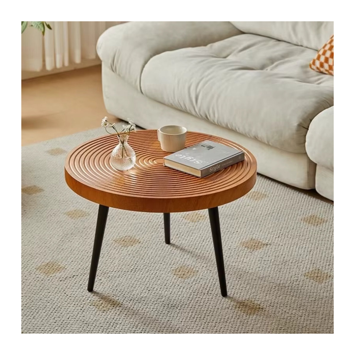 LIUSHADUOLA Couchtisch aus Holz in Nussbaum, runder skandinavischer Beistelltisch im modernen Design - Bild 3