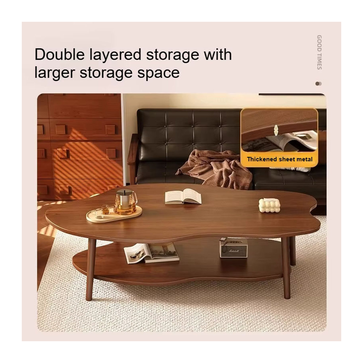 LIUSHADUOLA Couchtisch aus Massivholz in Nussbaum, runder Teetisch im modernen Design - Bild 5