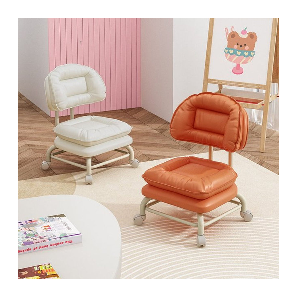 LIUSHADUOLA Mobiler Hocker aus Kunstleder in Grün oder Orange mit Rollen für Wohnzimmer und Haushalt - Bild 1