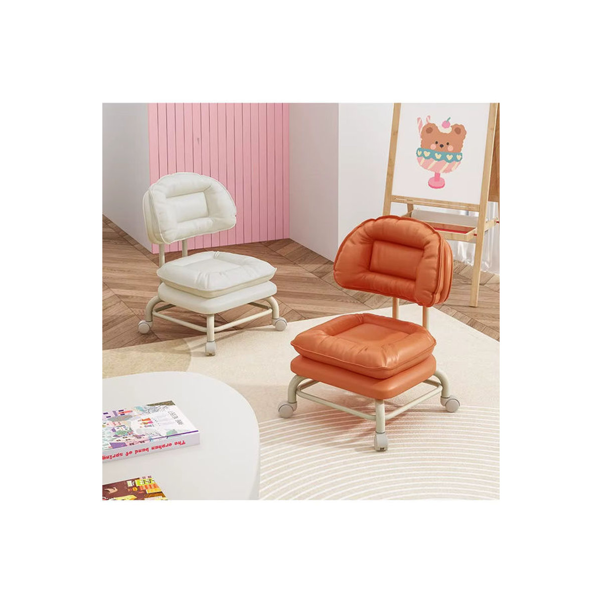 LIUSHADUOLA Mobiler Hocker aus Kunstleder in Grün oder Orange mit Rollen für Wohnzimmer und Haushalt - Bild 4