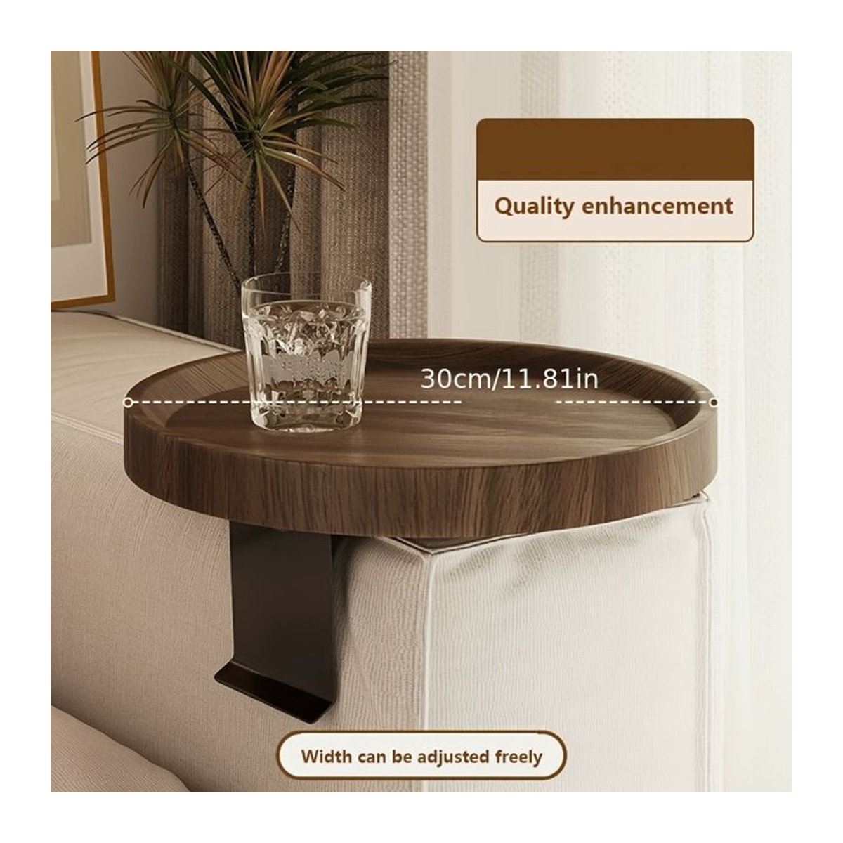 LIUSHADUOLA Moderner erweiterbarer Sofa-Armtisch aus Holz in Nussbaum Natur, runder Beistelltisch - Bild 1