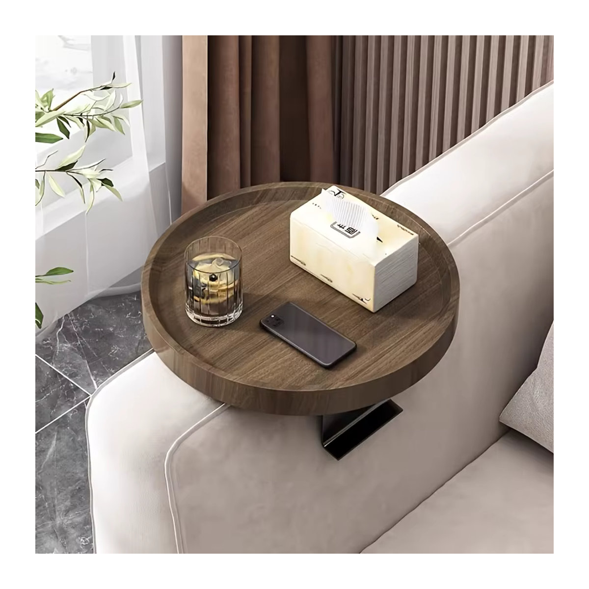 LIUSHADUOLA Moderner erweiterbarer Sofa-Armtisch aus Holz in Nussbaum Natur, runder Beistelltisch - Bild 2