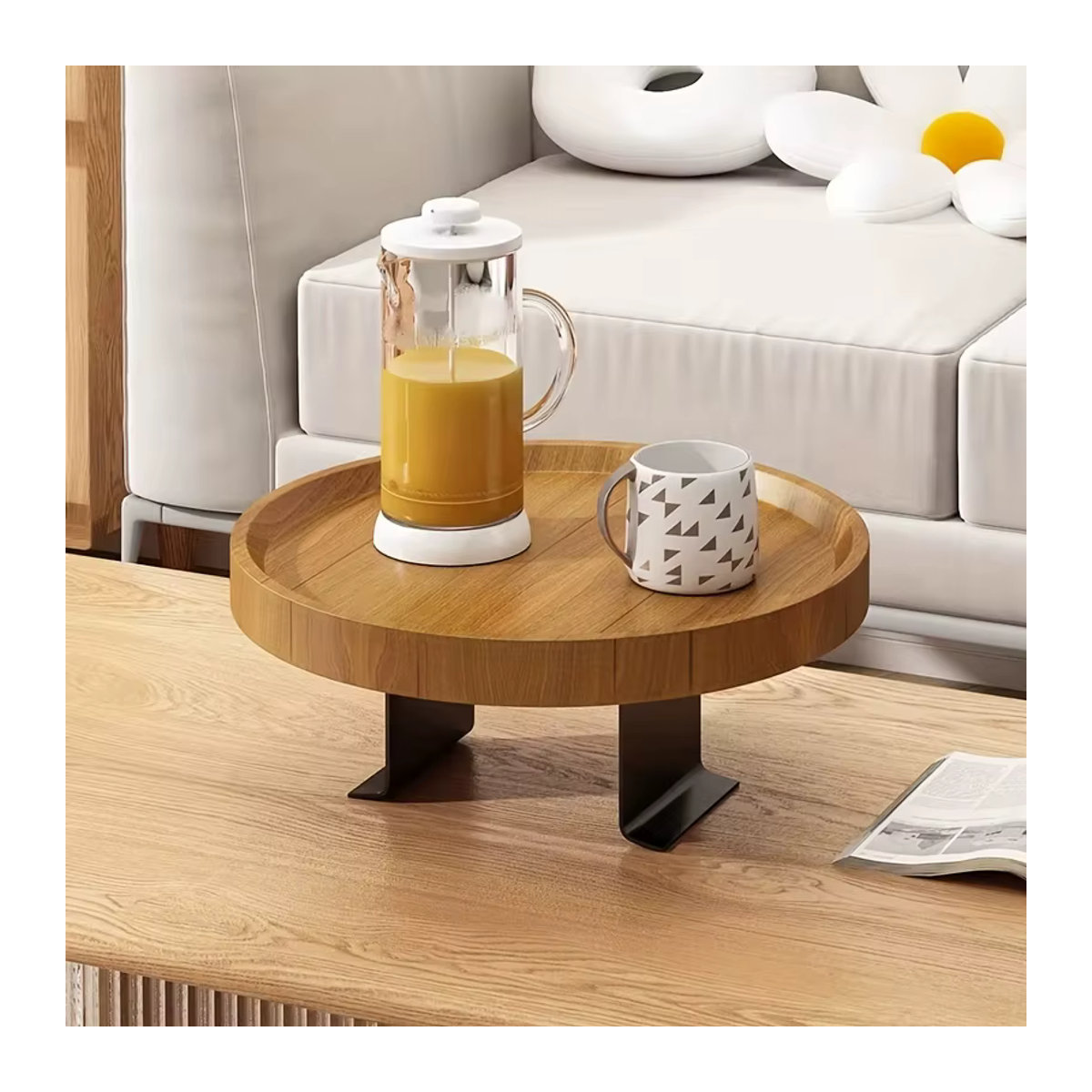 LIUSHADUOLA Moderner erweiterbarer Sofa-Armtisch aus Holz in Nussbaum Natur, runder Beistelltisch - Bild 3
