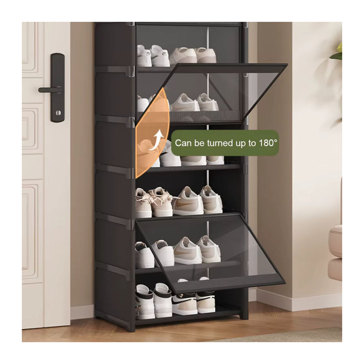 LIUSHADUOLA Schuhaufbewahrungsschrank mit Drehtüren in Schwarz, minimalistischer Schuh-Organizer aus Kunststoff - Bild 4