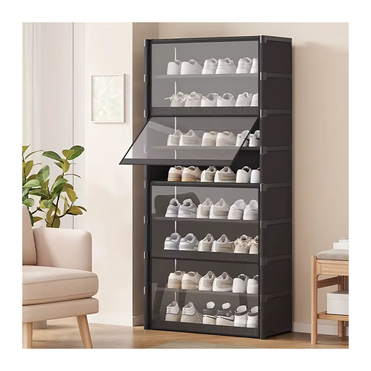 LIUSHADUOLA Schuhaufbewahrungsschrank mit Drehtüren in Schwarz, minimalistischer Schuh-Organizer aus Kunststoff - Bild 5