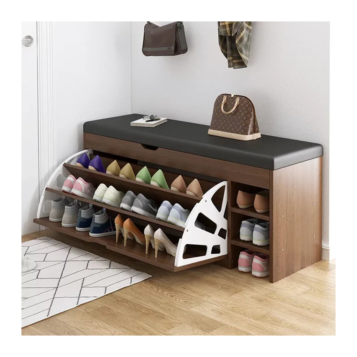 LIUSHADUOLA Schuhschrank Hocker in Braun Natur aus Holz mit integriertem Schuhregal und Sitzbank im modernen Design - Bild 1