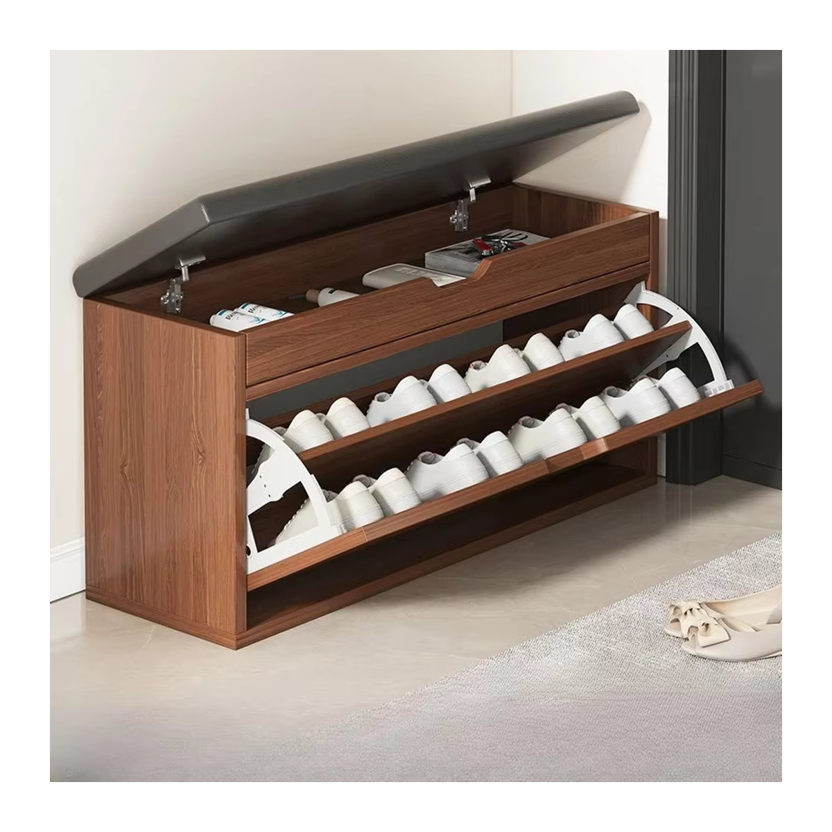 LIUSHADUOLA Schuhschrank Hocker in Braun Natur aus Holz mit integriertem Schuhregal und Sitzbank im modernen Design - Bild 2