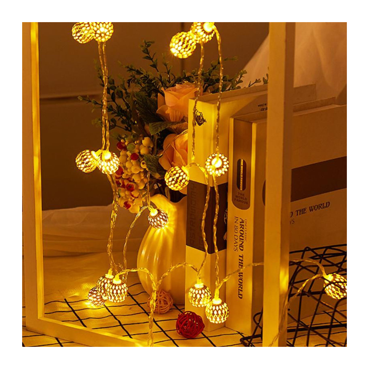 LIUXING Solar LED Marokkanische Kugel Lichterkette im Bohemian Stil, Warmweiß, Silber/Weiß - Bild 2