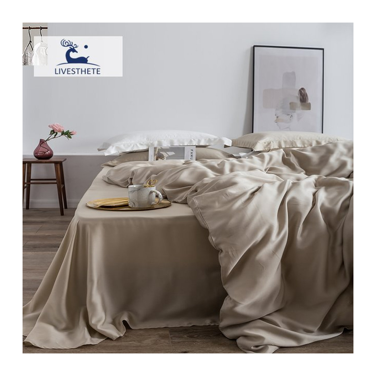 Liv-Esthete Bettwäsche-Set aus 100 % Maulbeerseide in Beige, Queen-Size mit Bettbezug, flachem Bettlaken und Kissenbezug - Bild 1