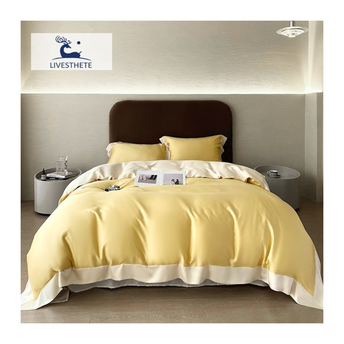 Liv-Esthete Bettwäsche-Set aus 100 % Seide in Gelb-Weiß für Queen-Size-Betten inklusive Kissenbezüge - Bild 1