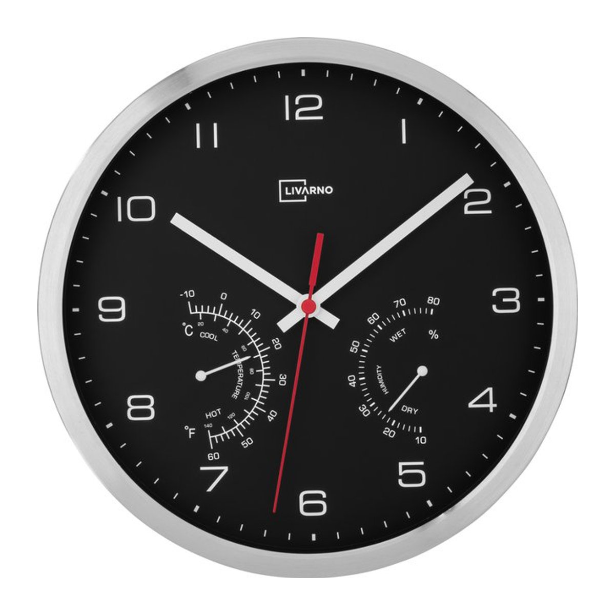 LIVARNO HOME Aluminium Funkwanduhr mit Thermometer und Hygrometer in Silber/Schwarz, analog und rund - Bild 1
