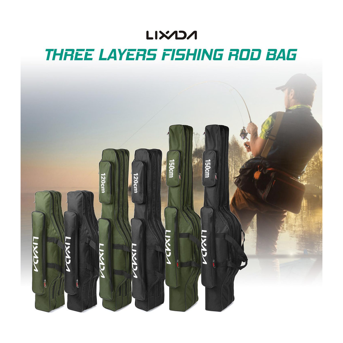 Lixada 3-lagige Angelruten-Tasche mit Tackle-Aufbewahrung für Angelrollen, Camouflage, 120 cm - Bild 5