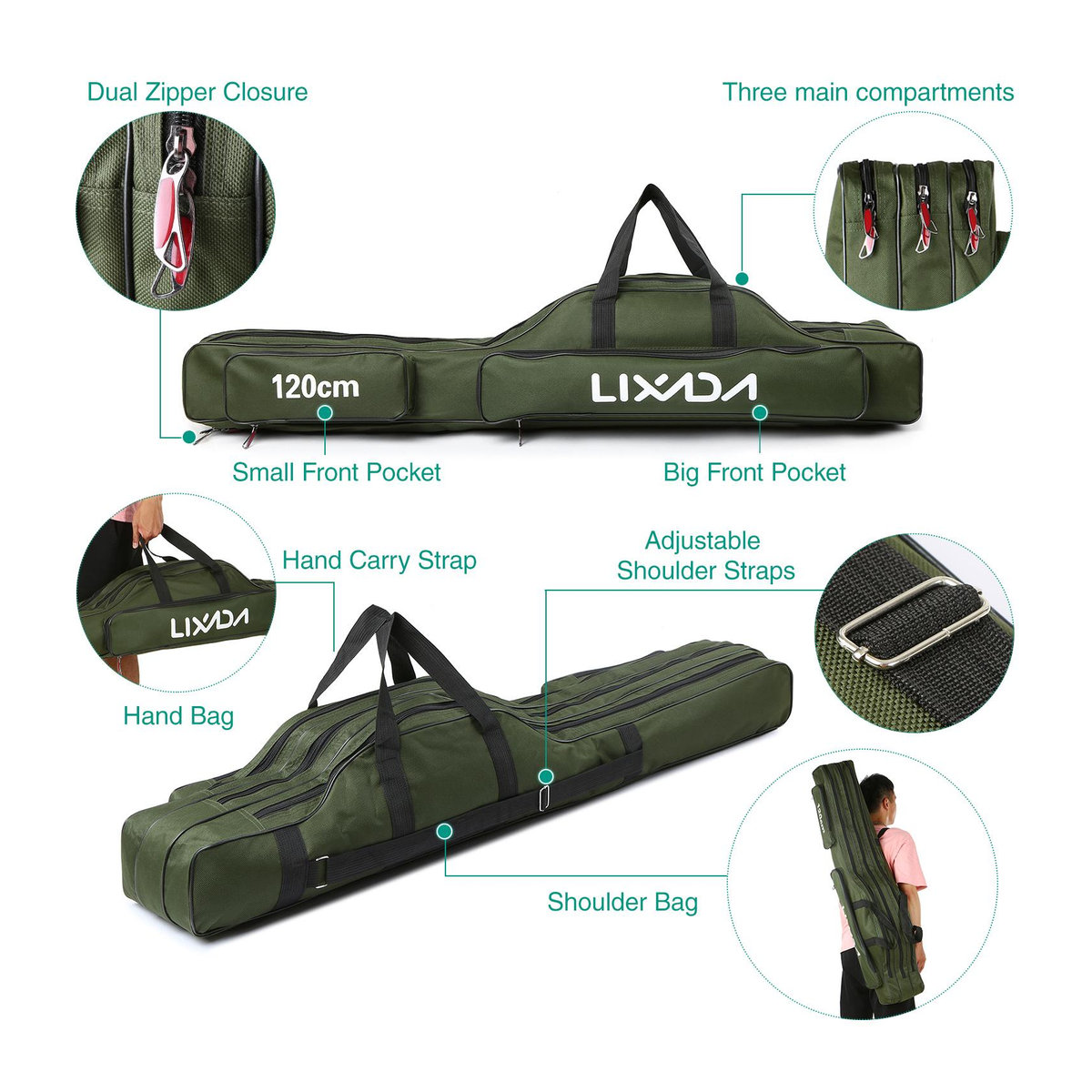 Lixada 3-lagige Angelruten-Tasche mit Tackle-Aufbewahrung für Angelrollen, Camouflage, 120 cm - Bild 6