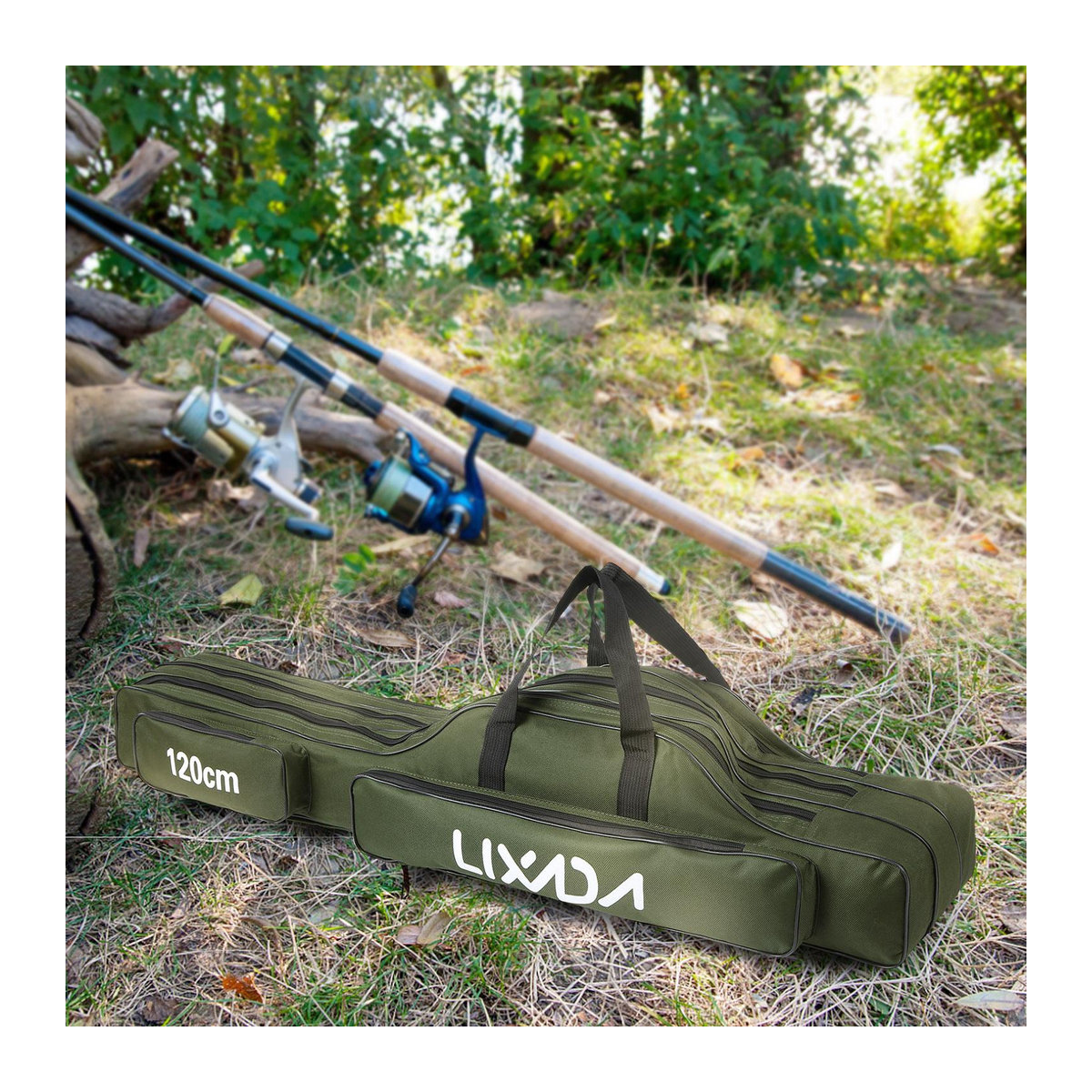 Lixada 3-lagige Angelruten-Tasche mit Tackle-Aufbewahrung für Angelrollen, Camouflage, 120 cm - Bild 7