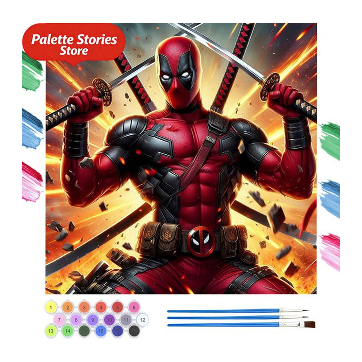 Lizenziertes Digitales Ölgemälde-Set von Beast Kingdom mit Marvel's Deadpool in Kampfpose, Farbe Rot, B/H: 40 x 40 cm - Bild 1