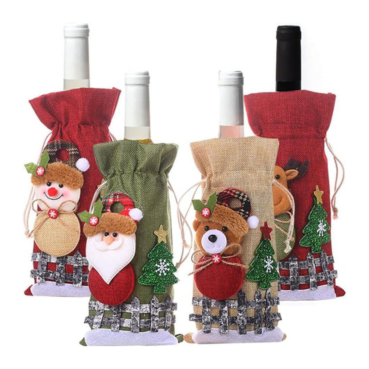Lmetjma Weihnachts Weinflaschenbeutel aus Textil mit Elch und Santa Claus Motiv in Mehrfarbig - Bild 1
