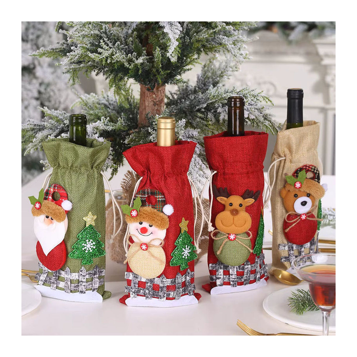 Lmetjma Weihnachts Weinflaschenbeutel aus Textil mit Elch und Santa Claus Motiv in Mehrfarbig - Bild 3