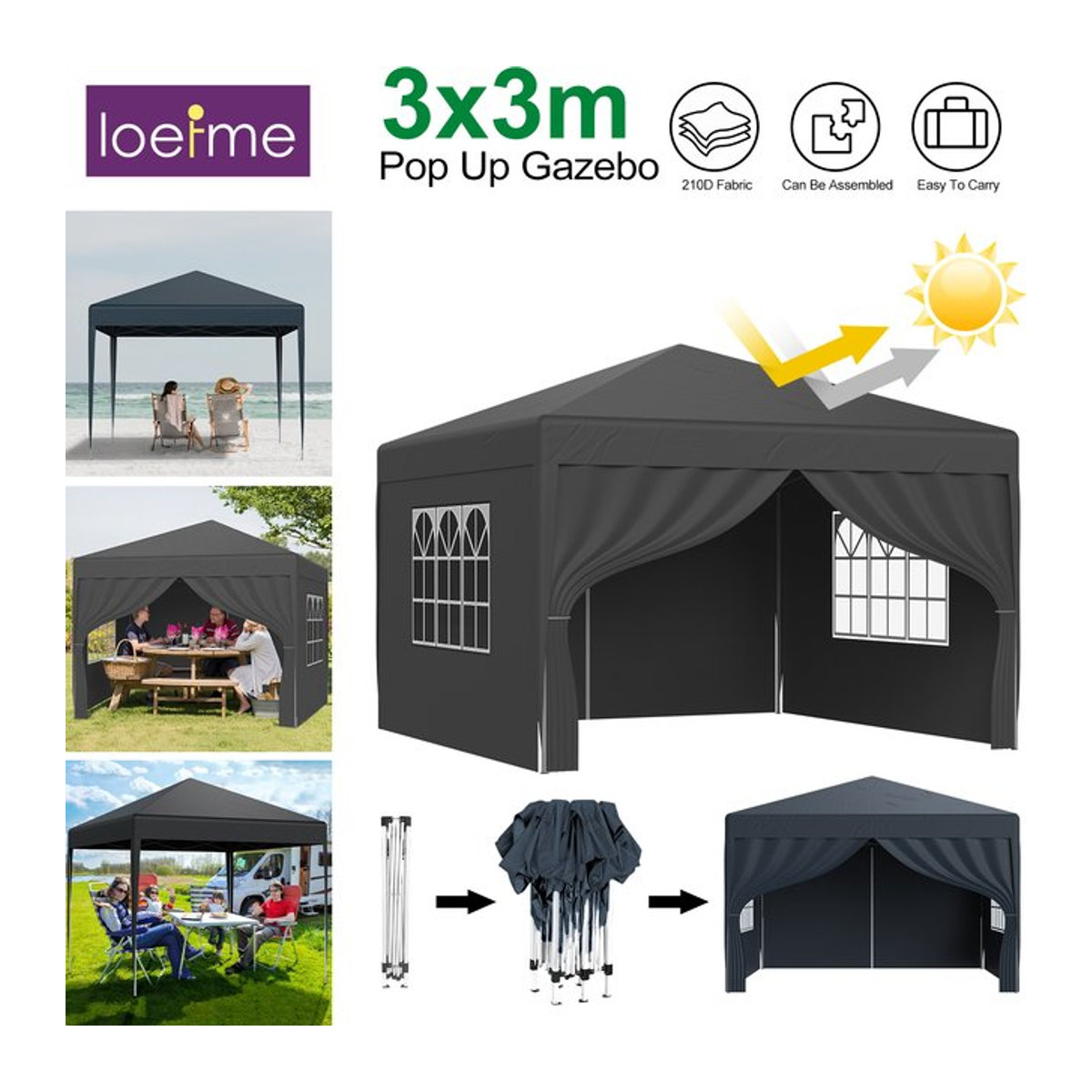 LOEFME Pop-Up Pavillon 3x3m Outdoor-Partyzelt mit Fenstern, wasserdicht und UV-Sonnenschutz, tragbares Pavillon-Zelt - Bild 1