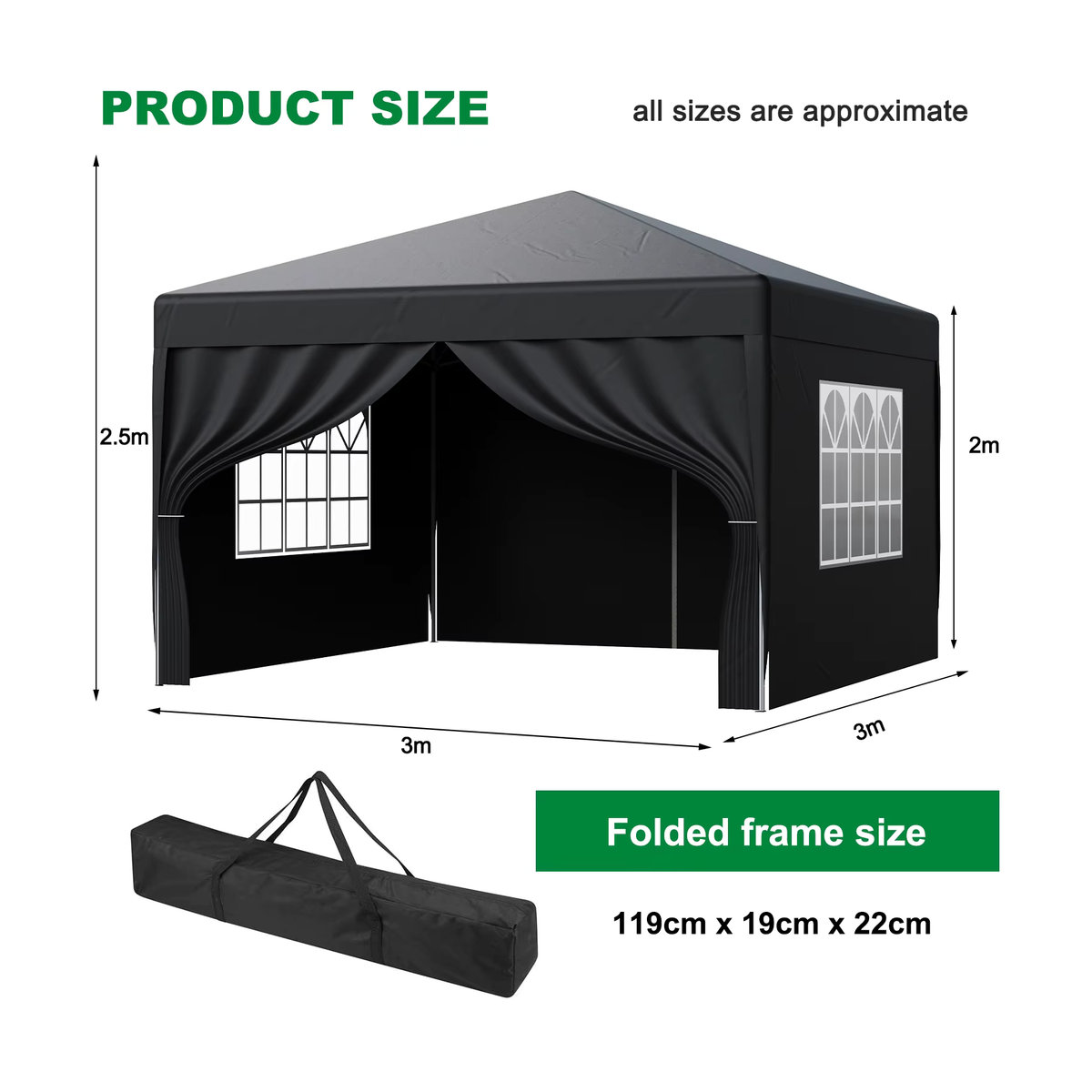 LOEFME Pop-Up Pavillon 3x3m Outdoor-Partyzelt mit Fenstern, wasserdicht und UV-Sonnenschutz, tragbares Pavillon-Zelt - Bild 2