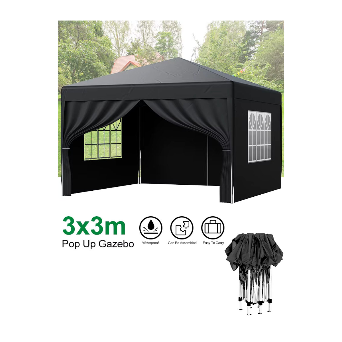 LOEFME Pop-Up Pavillon 3x3m Outdoor-Partyzelt mit Fenstern, wasserdicht und UV-Sonnenschutz, tragbares Pavillon-Zelt - Bild 7