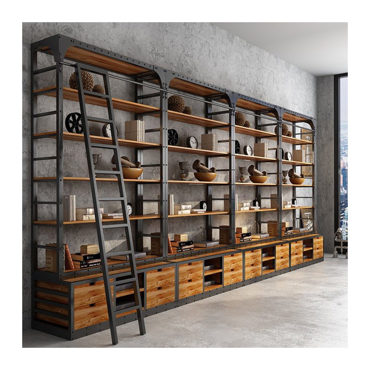 LOFT Retro-Bücherregal im Industriestil aus Massivholz und Schmiedeeisen, schwarz, H: 220 cm, B: 60 cm, T: 220 cm - Bild 1