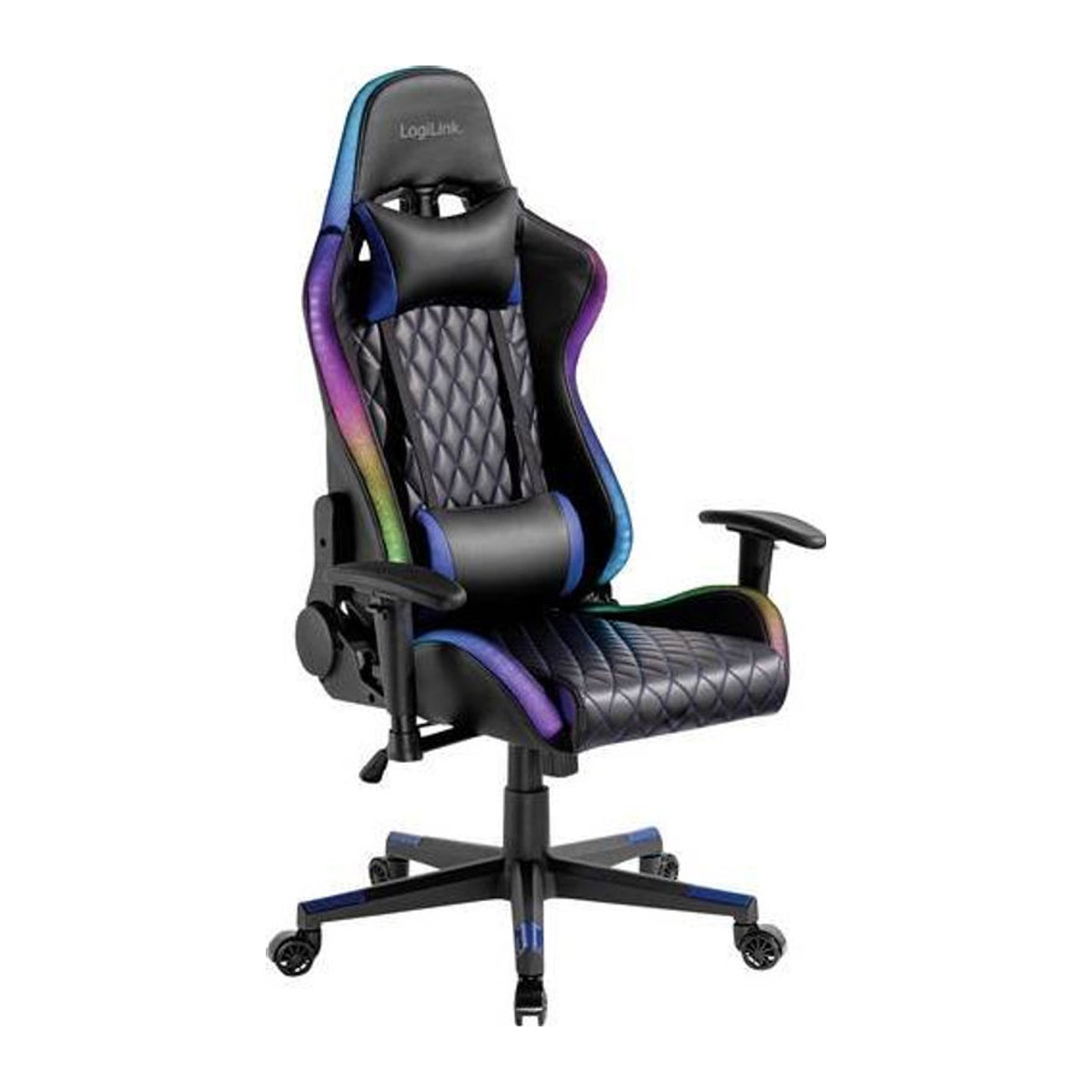 LogiLink Gamingstuhl aus Kunstleder in Schwarz, Blau, Rot und Bunt mit RGB-Beleuchtung und Kopfstütze, belastbar bis 150 kg - Bild 1