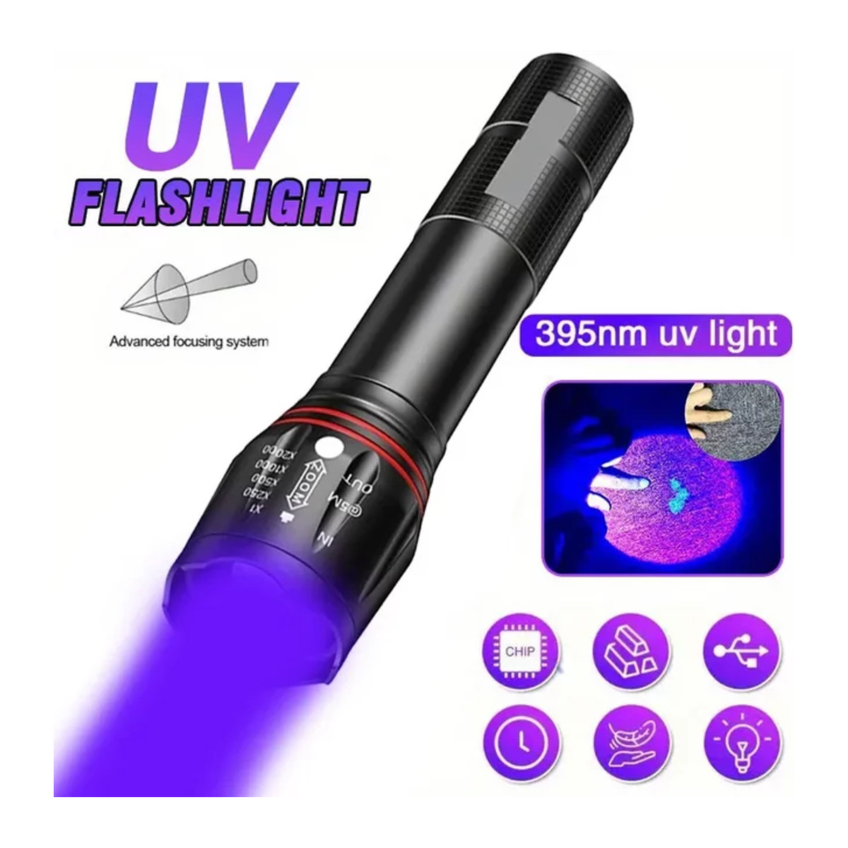 LONGRIVER T6 LED UV-Taschenlampe, USB wiederaufladbar und zoombar, violettes Licht für Detektionsaufgaben und UV-Ölhärtung - Bild 1