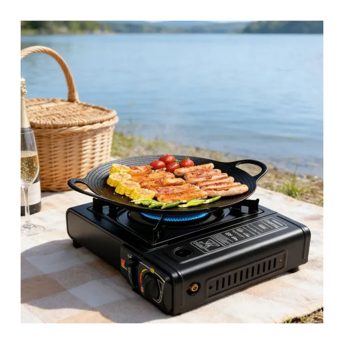 Loobiiny Gaskocher Außengrill in Schwarz aus Metall mit Auffangschale und Topfständer für Camping und Barbecue - Bild 1