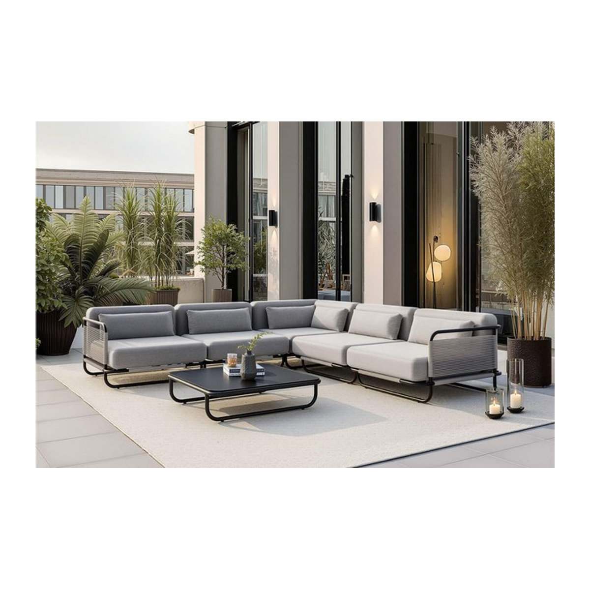 LOOKS by Wolfgang Joop Tempest Gartenlounge M in Hellgrau/Anthrazit mit Beistelltisch und Glasplatte aus Aluminium und Rope-Geflecht - Bild 1