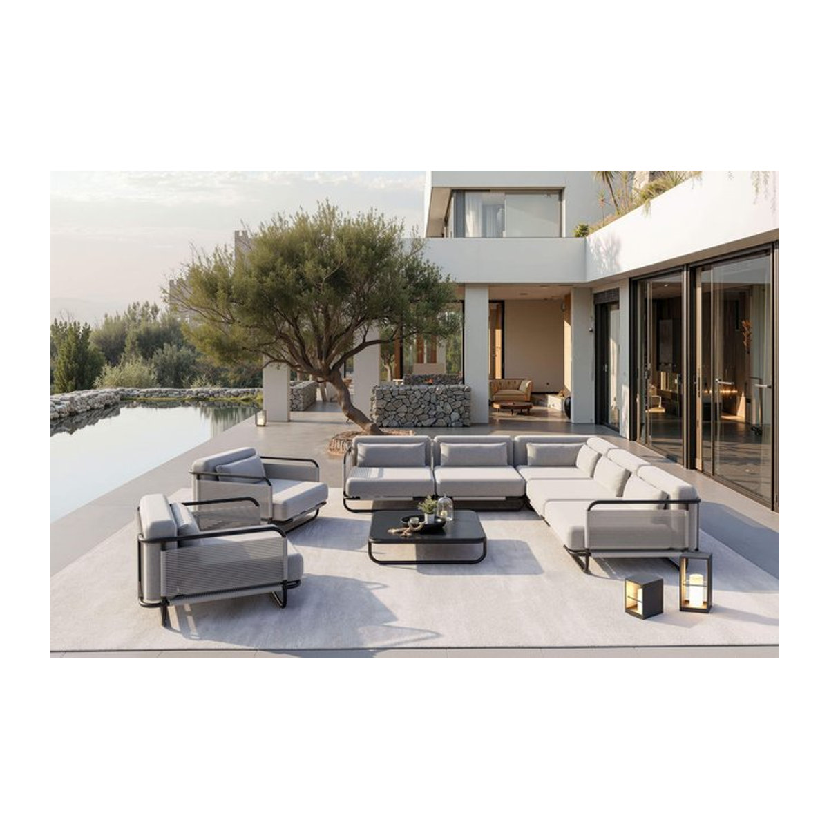 LOOKS by Wolfgang Joop Tempest Gartenlounge XL in Hellgrau/Anthrazit mit Beistelltisch und Glasplatte aus Alu und Rope-Geflecht - Bild 1