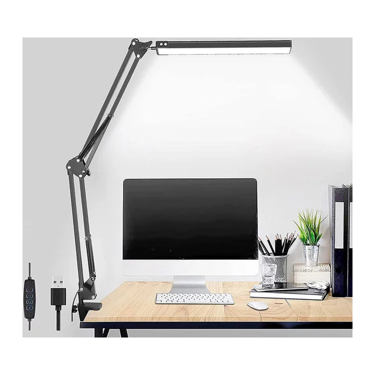 LOOPITYS Schreibtischlampe aus Metall in Schwarz, verstellbare Architektenleuchte mit Klemmhalterung, 3 Farbmodi und Speicherfunktion - Bild 1