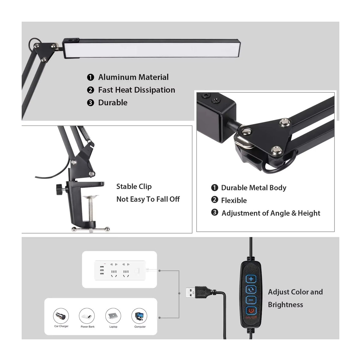 LOOPITYS Schreibtischlampe aus Metall in Schwarz, verstellbare Architektenleuchte mit Klemmhalterung, 3 Farbmodi und Speicherfunktion - Bild 3