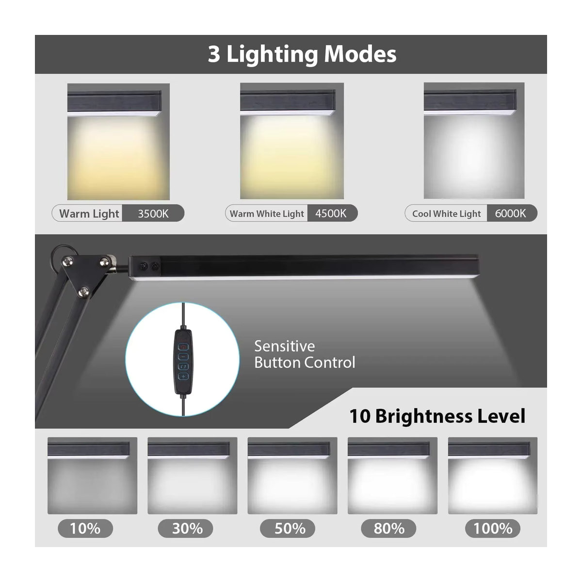 LOOPITYS Schreibtischlampe aus Metall in Schwarz, verstellbare Architektenleuchte mit Klemmhalterung, 3 Farbmodi und Speicherfunktion - Bild 4