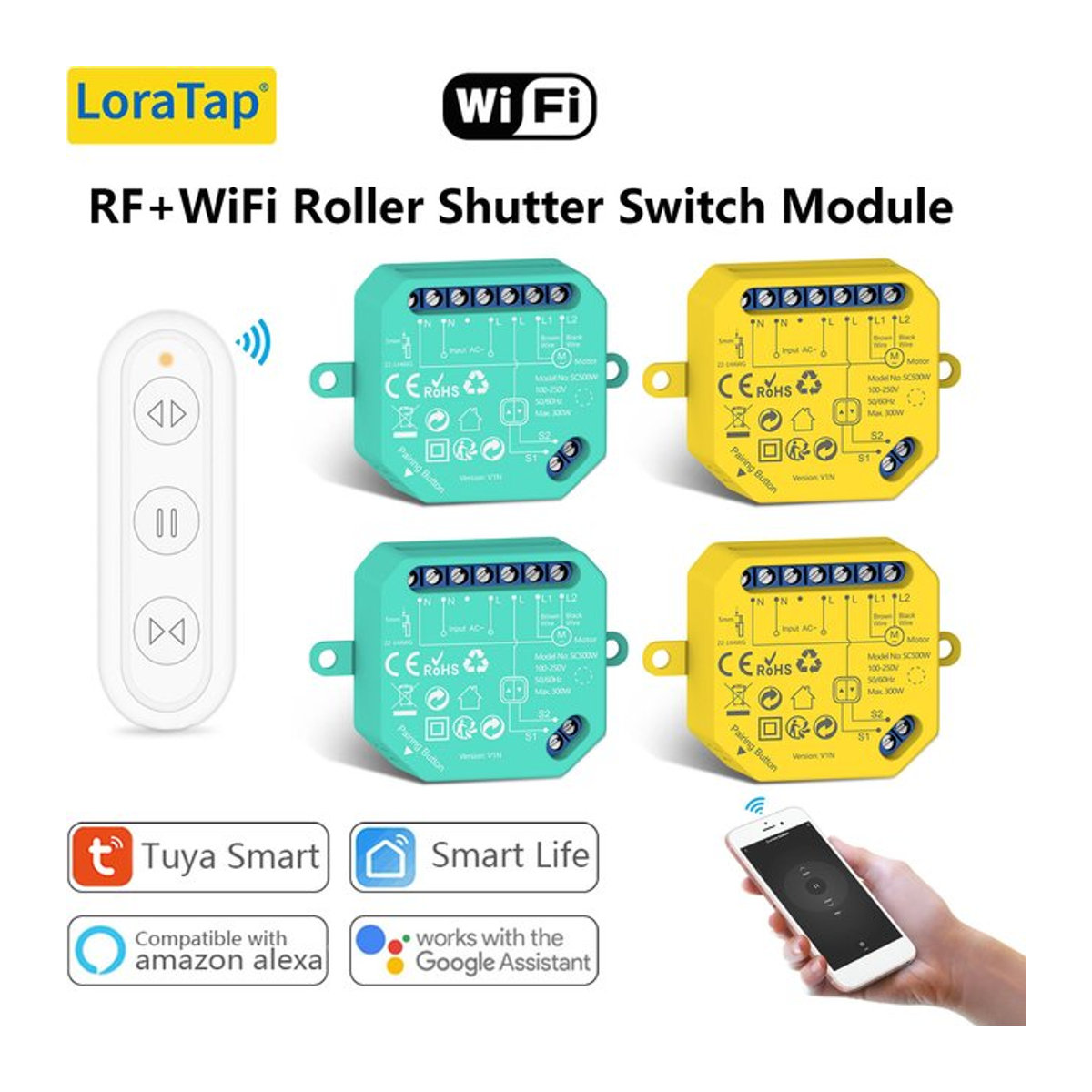 LoraTap Tuya Mini Smart Relay für Rollladen, Vorhänge und Jalousien mit App-Steuerung via Alexa und Google Assistant, Gelb/Bunt - Bild 1