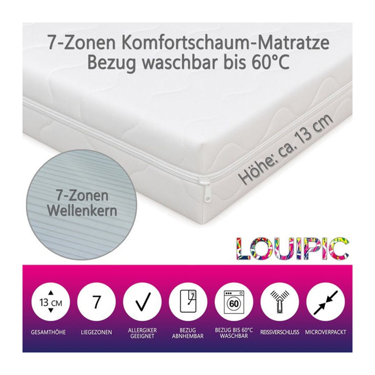 LOUIPIC DreamWave7 7-Zonen Matratze Weiß, H x B x T: 13 x 90 x 200 cm, OEKO-TEX Standard 100 - Bild 1