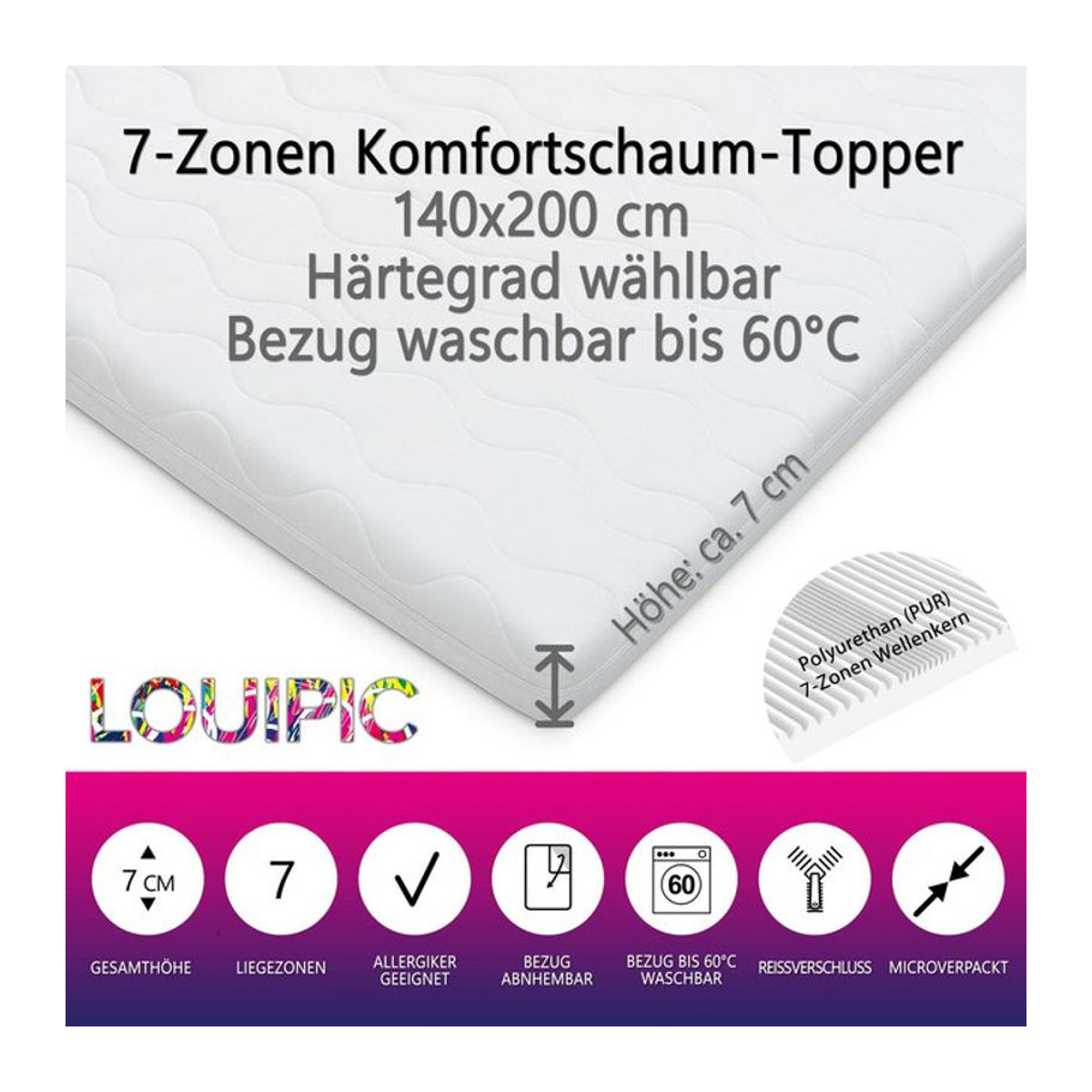 LOUIPIC Topper 7-Zonen H2 in Weiß, B/T/H: 140 x 200 x 7 cm, OEKO-TEX Standard 100 - Bild 1