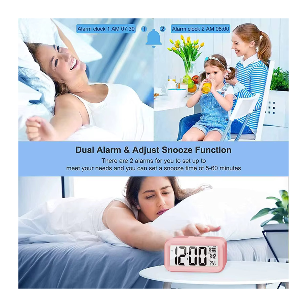 LOVOCK Digitalwecker mit Temperaturanzeige und Datumsanzeige, weißer LCD-Tischwecker mit Kalenderfunktion für Schlafzimmer und Büro - Bild 4