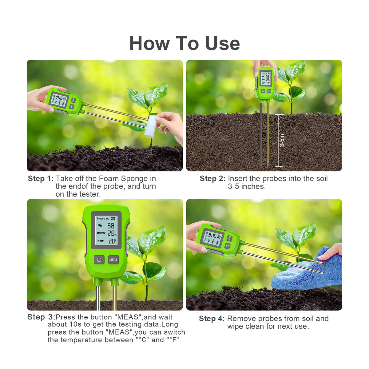 LPPCOLTD 3-in-1 Digitales Bodenmessgerät zur Messung von pH-Wert, Temperatur und Luftfeuchtigkeit mit Hintergrundbeleuchtung für Garten und Blumenpflanzen - Bild 3