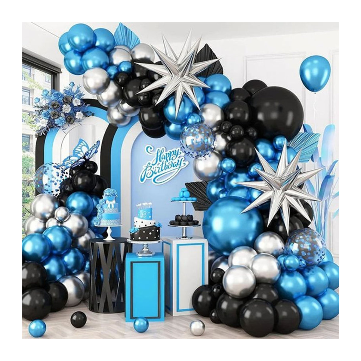 LQVYI 109-teiliges Luftballon-Bogen-Set in Blau, Silber und Schwarz für Dekorationen wie Geburtstage oder Abschlussfeiern - Bild 1