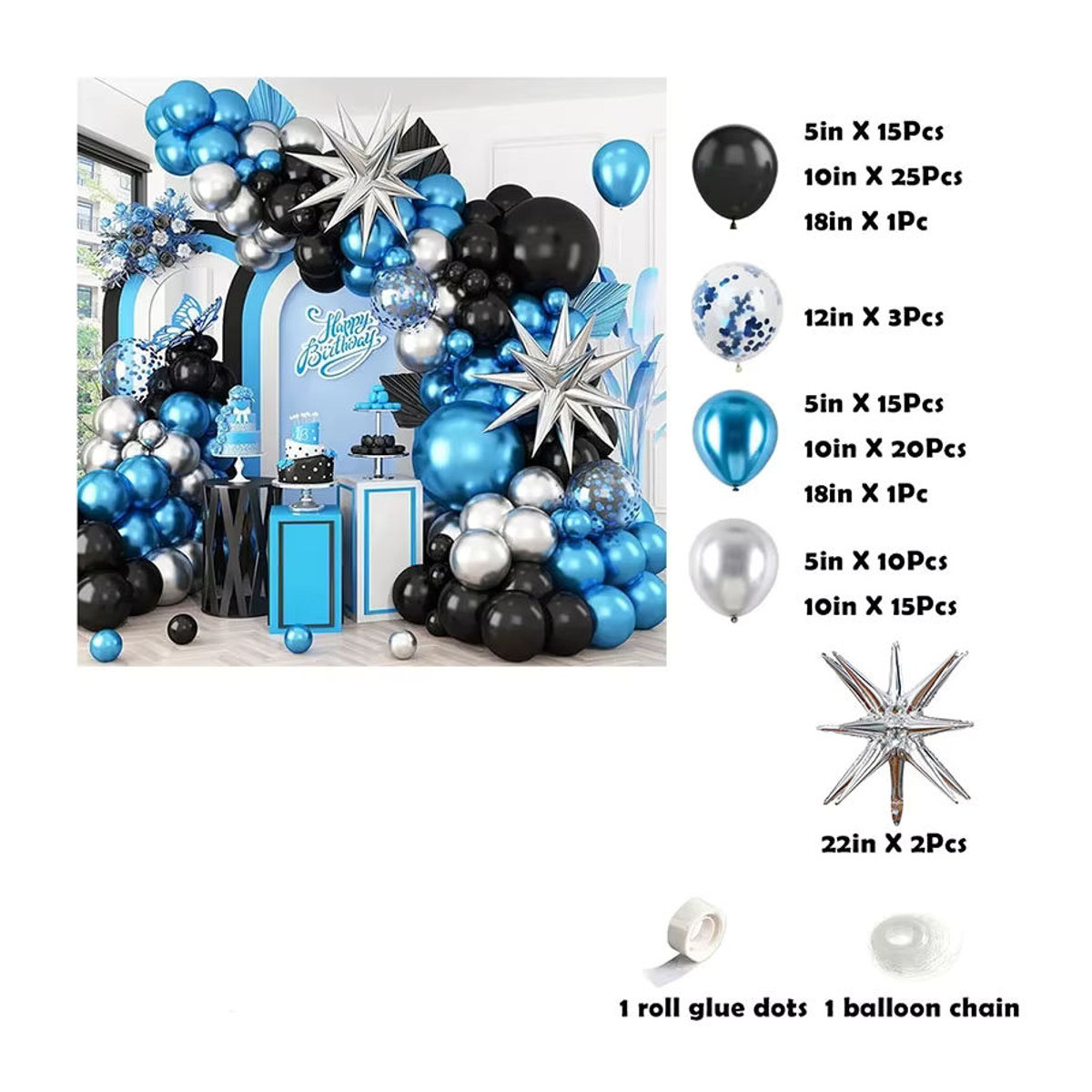 LQVYI 109-teiliges Luftballon-Bogen-Set in Blau, Silber und Schwarz für Dekorationen wie Geburtstage oder Abschlussfeiern - Bild 2