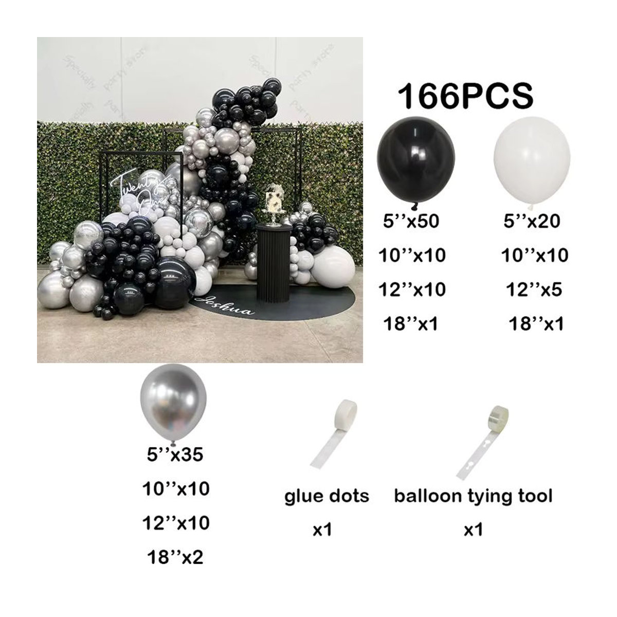LQVYI Ballonbogen Girlande Set aus Latex in Schwarz, Weiß und Silber Metallic für Hochzeit und Geburtstag Dekoration - Bild 2