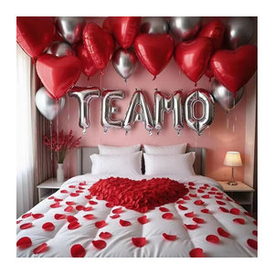 LQVYI Dekoration Set mit 30 silbernen TE AMO Buchstabenballons 16 Zoll und 1000 roten Herz-Blütenblättern für Valentinstag und Hochzeit