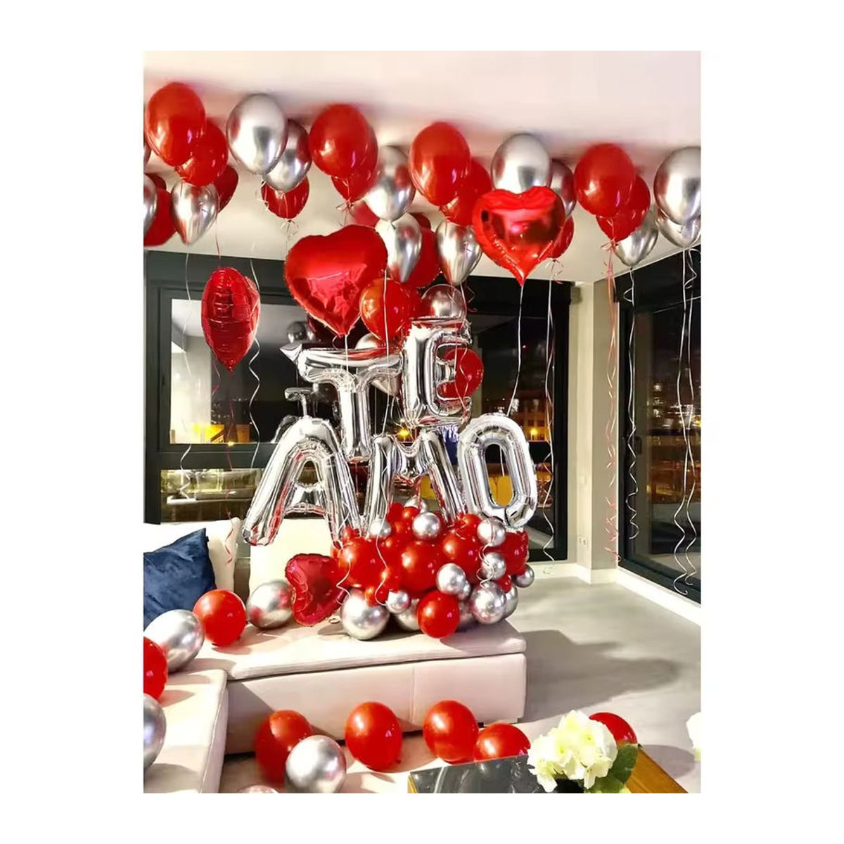 LQVYI Dekoration Set mit 30 silbernen TE AMO Buchstabenballons 16 Zoll und 1000 roten Herz-Blütenblättern für Valentinstag und Hochzeit - Bild 2