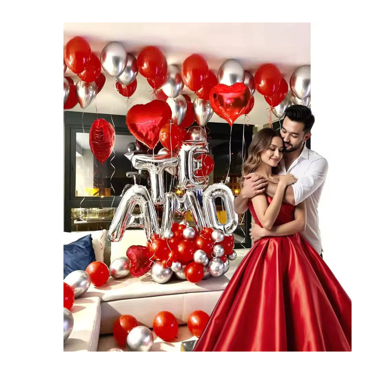 LQVYI Dekoration Set mit 30 silbernen TE AMO Buchstabenballons 16 Zoll und 1000 roten Herz-Blütenblättern für Valentinstag und Hochzeit - Bild 3