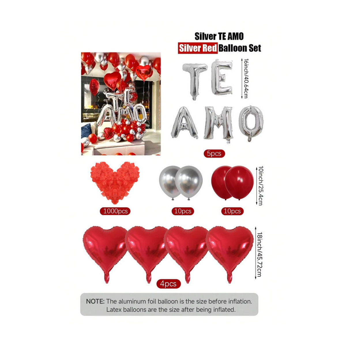 LQVYI Dekoration Set mit 30 silbernen TE AMO Buchstabenballons 16 Zoll und 1000 roten Herz-Blütenblättern für Valentinstag und Hochzeit - Bild 4