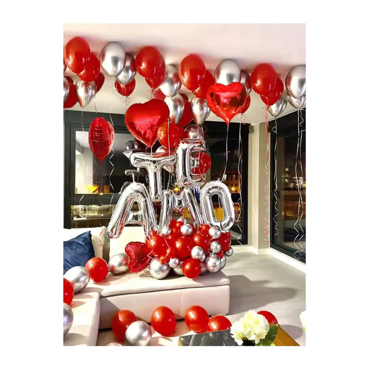 LQVYI Dekoration Set mit 30 silbernen TE AMO Buchstabenballons 16 Zoll und 1000 roten Herz-Blütenblättern für Valentinstag und Hochzeit - Bild 5