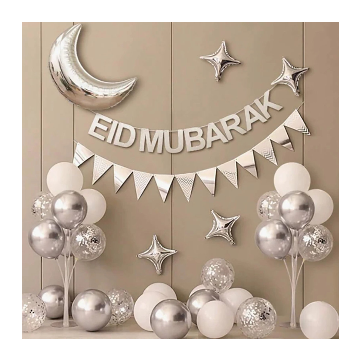 LQVYI Eid Mubarak Banner und Luftballon Set in Silber mit Mond und Buchstaben für Ramadan Kareem und Umrah Mubarak Dekoration - Bild 1